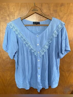 POL Blue Crochet Lace Oversized Babydoll Blouse Top Country Western Victorian M